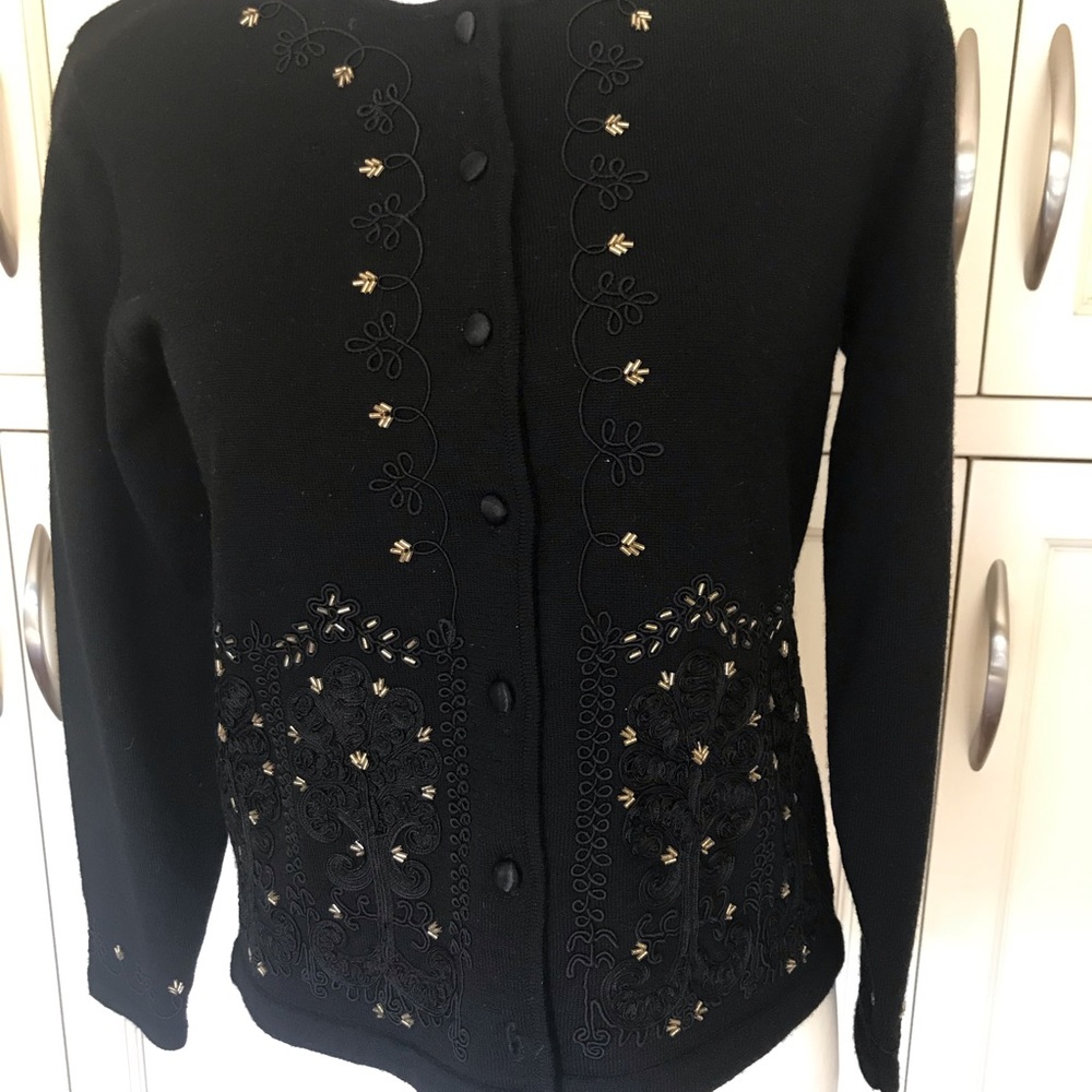 Talbots black cardigan sweater with decorative gold sequin.   Size P,  100% wool